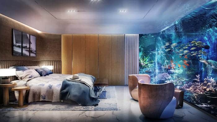Underwater bedroom with coral on a floating houseboat