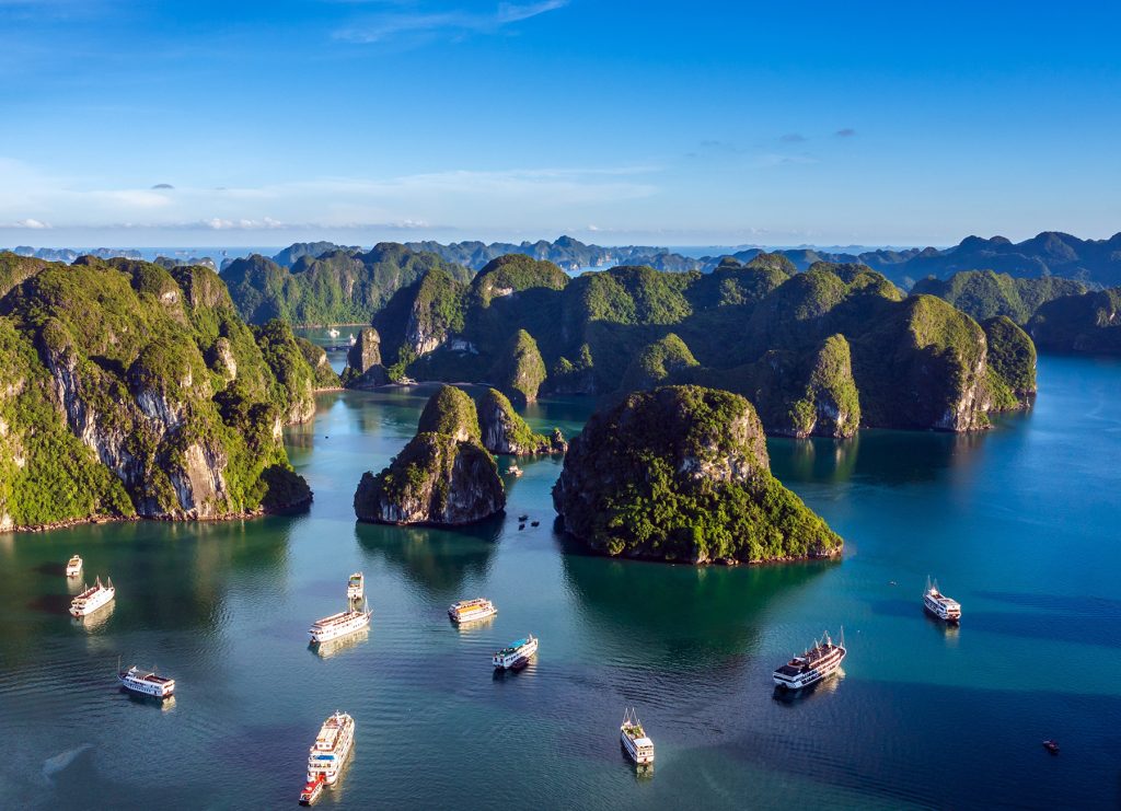 Aerial-panorama-view-of-Ha-Long-Bay-in-sunrise