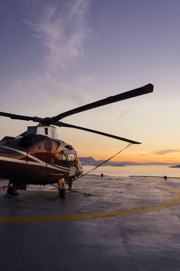 Helicopter parking at sunset.