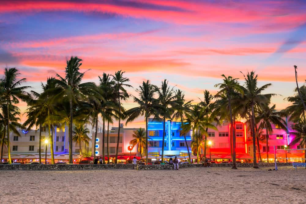 Miami Beach on Ocean Drive at sunset.